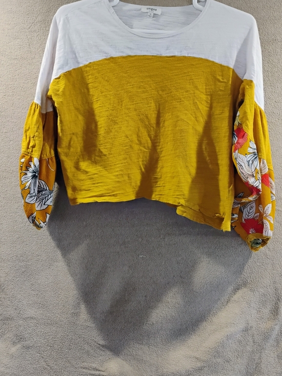 Umgee Tops - Umgee Mustard White Colorblock Crop Top with Floral Balloon Sleeves